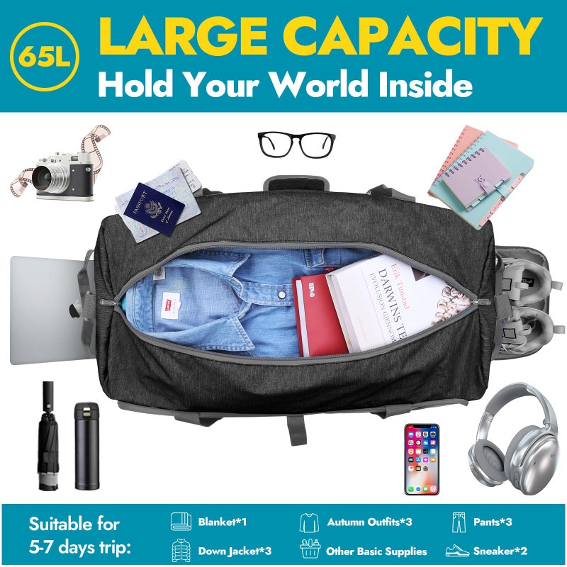 Canway 65L Travel Duffel Bag, Foldable Weekender Bag with Shoes Compartment for Men Women Water-proof & Tear Resistant (Panther Black, 65L) - Image 3